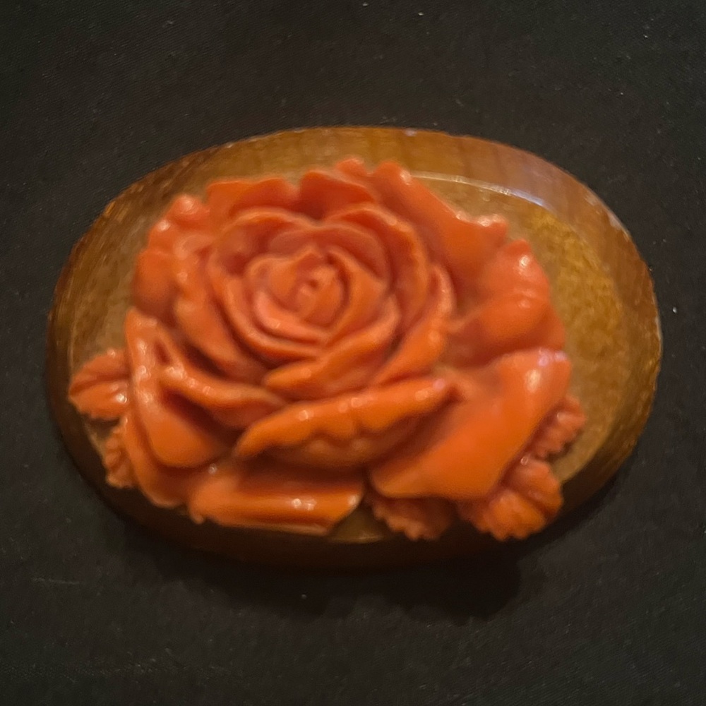 Vintage Orange Carved Rose Celluloid Brooch on Wood